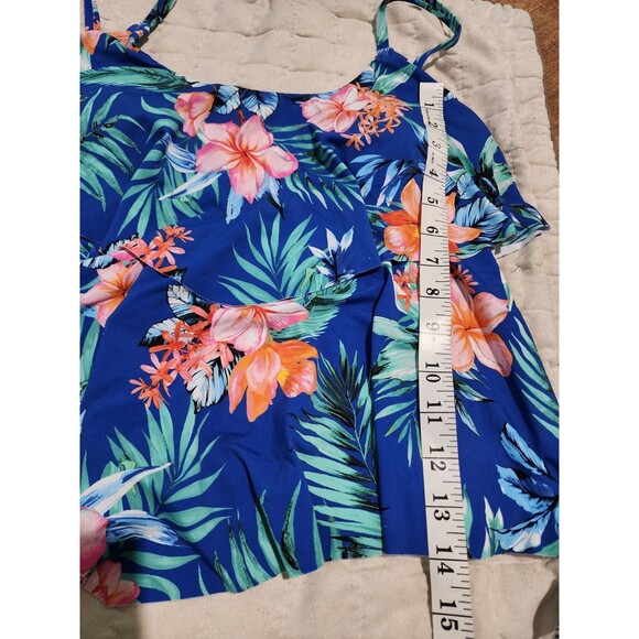Liz Claiborne Swim Top Blue/Floral Layered Ruffled Adjust Straps Size 10 - Picture 7 of 8